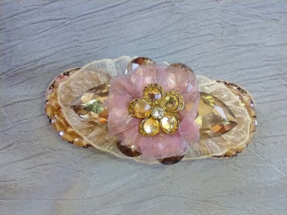 Lg Barrette Amber Beads Rhinestones Smoky Stones Organza Ruffles